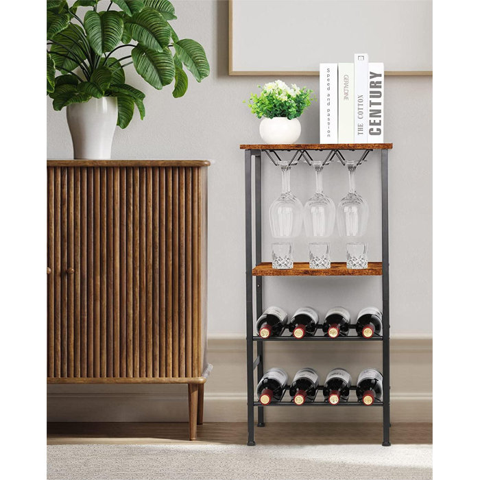17 Stories 8 Bottle Floor Wine Bottle & Glass Rack in Brown/Black Wayfair